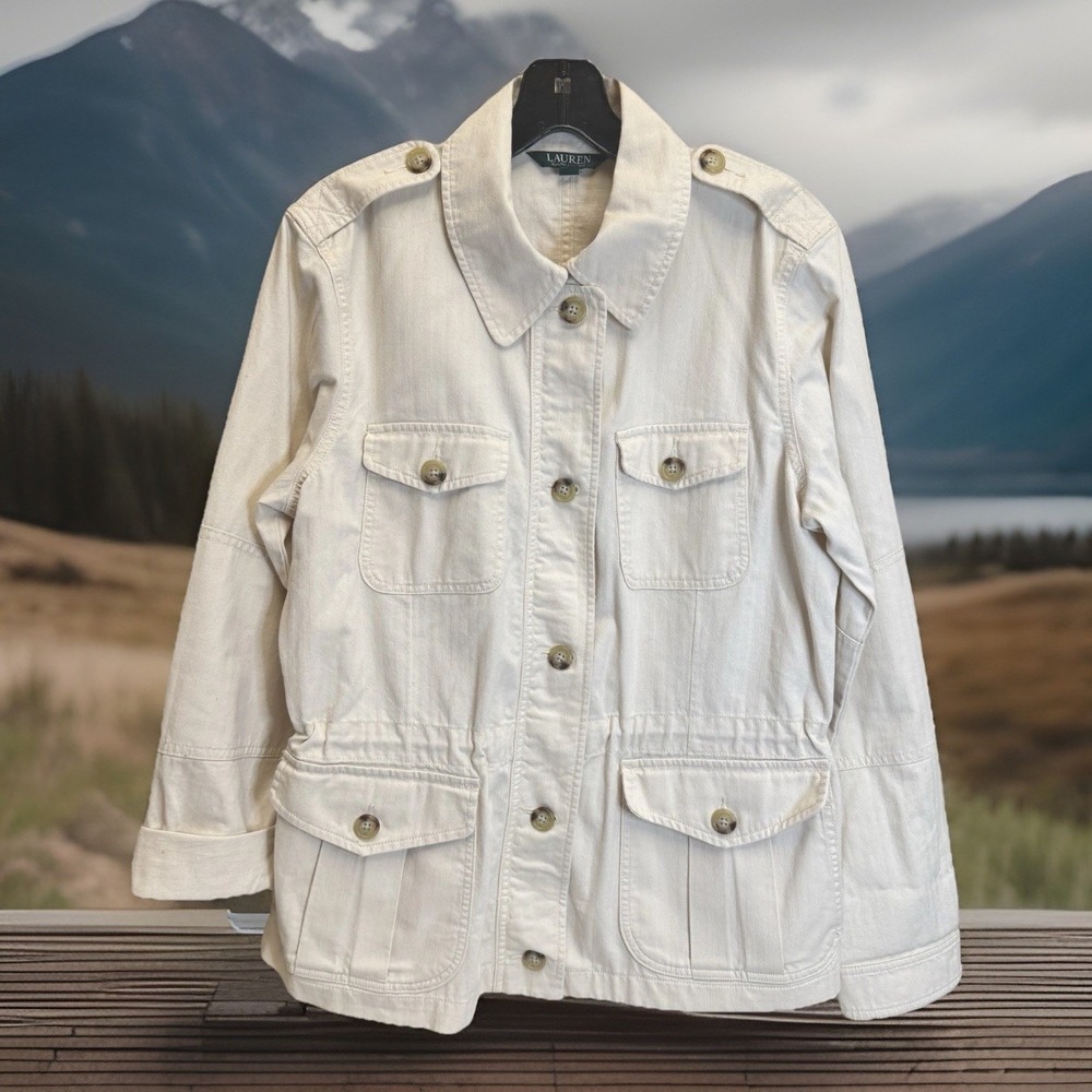 Lauren Ralph Lauren Utility Field Jacket Womens Large Beige Tan Long Sleeve
